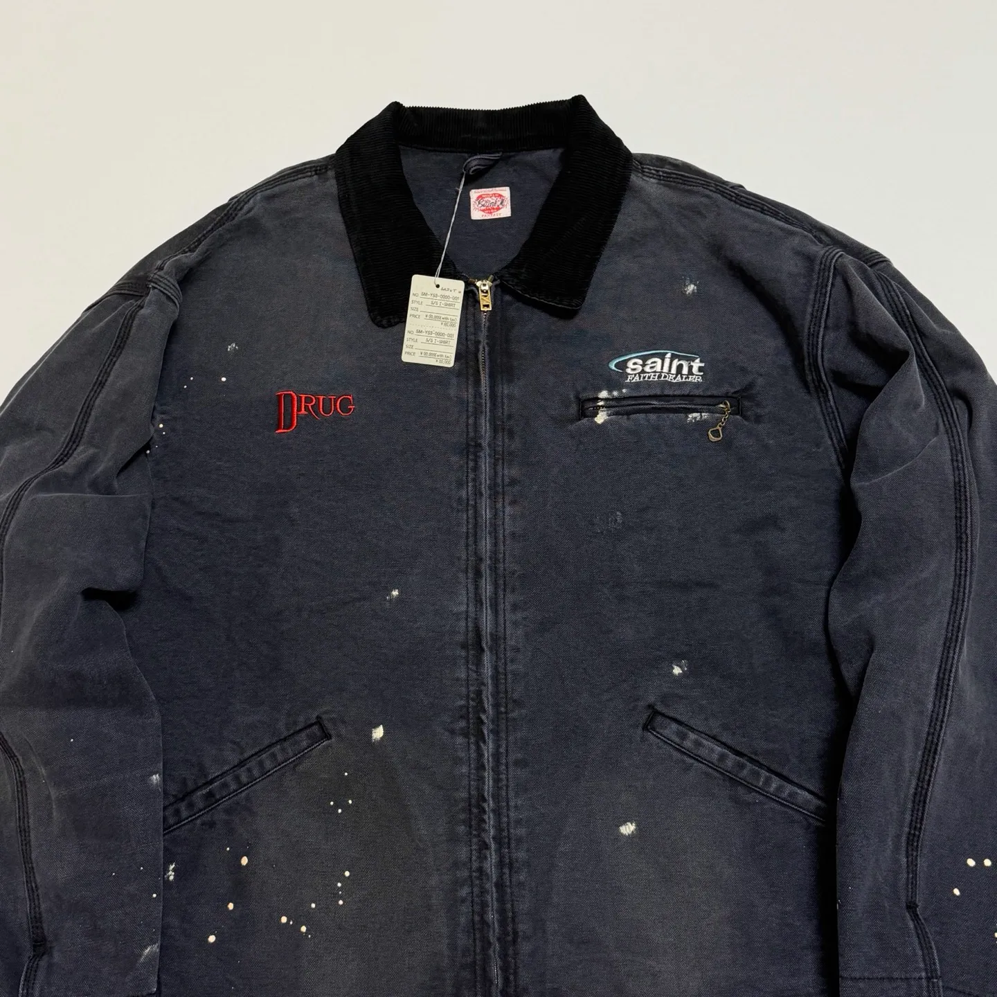 SAINT Mxxxxxx DETROIT JACKET/DRUG/BLK Detroit Workwear Washed and Distressed Jacket Washed Black S-XL A super heavy-duty Detroit jacket. It took more than 3 months to develop. All details. No detail. Complete reproduction and restoration. Customized washed and faded Assute canvas fabric. Rewashed the watermark to make the bones irregular and white. MX6 LOGO buttons, molded custom placket with LOGO zipper, no special shape zipper on chest